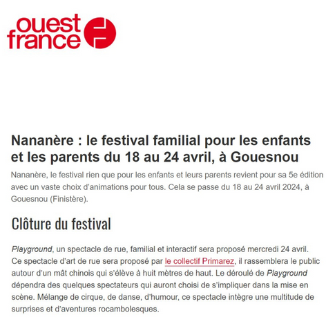 Nananère : le festival familial pour les enfants et les parents du 18 au 24 avril, à Gouesnou