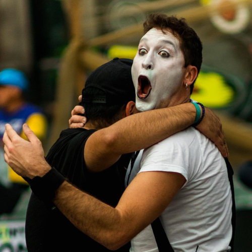 ImproLocura is a physical theater show. Luca Della Gatta. Agro the clown hugging a spectator