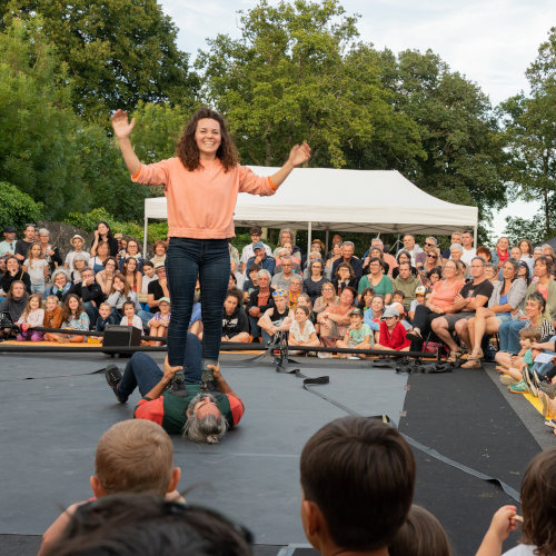 Burlesque show on a double Chinese pole in Laisse-moi. Nelly Carrasco standing on Miguel Rubio lying on the ground.